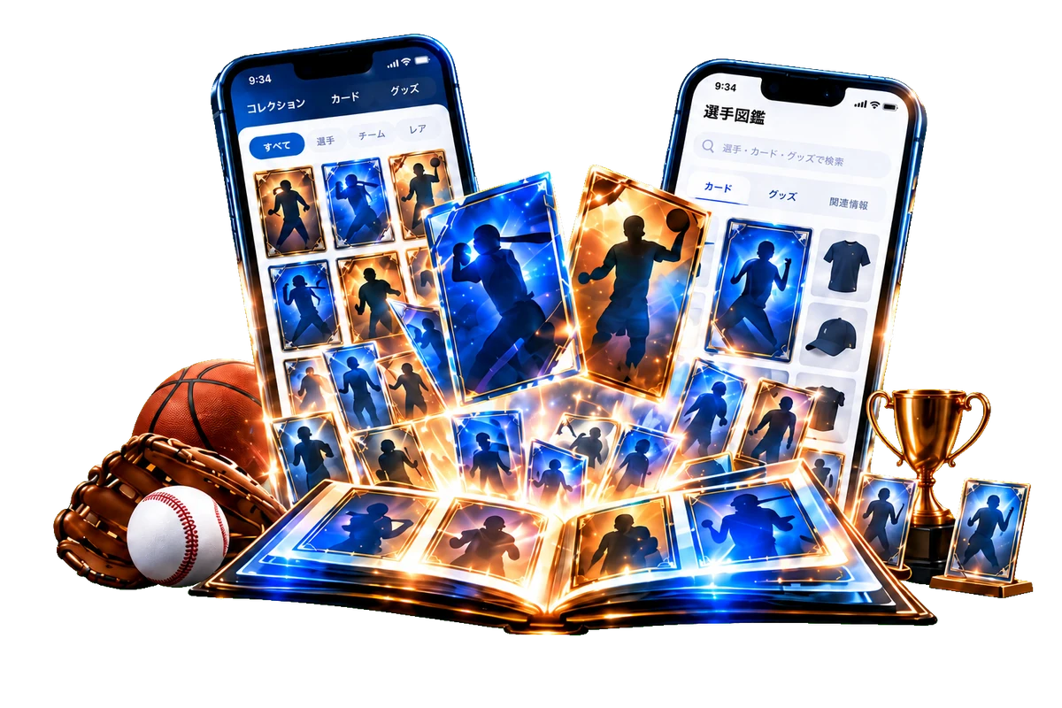 Mintsuku Hoops and Mintsuku Baseball concept screens with sports cards, player memorabilia and a collection album