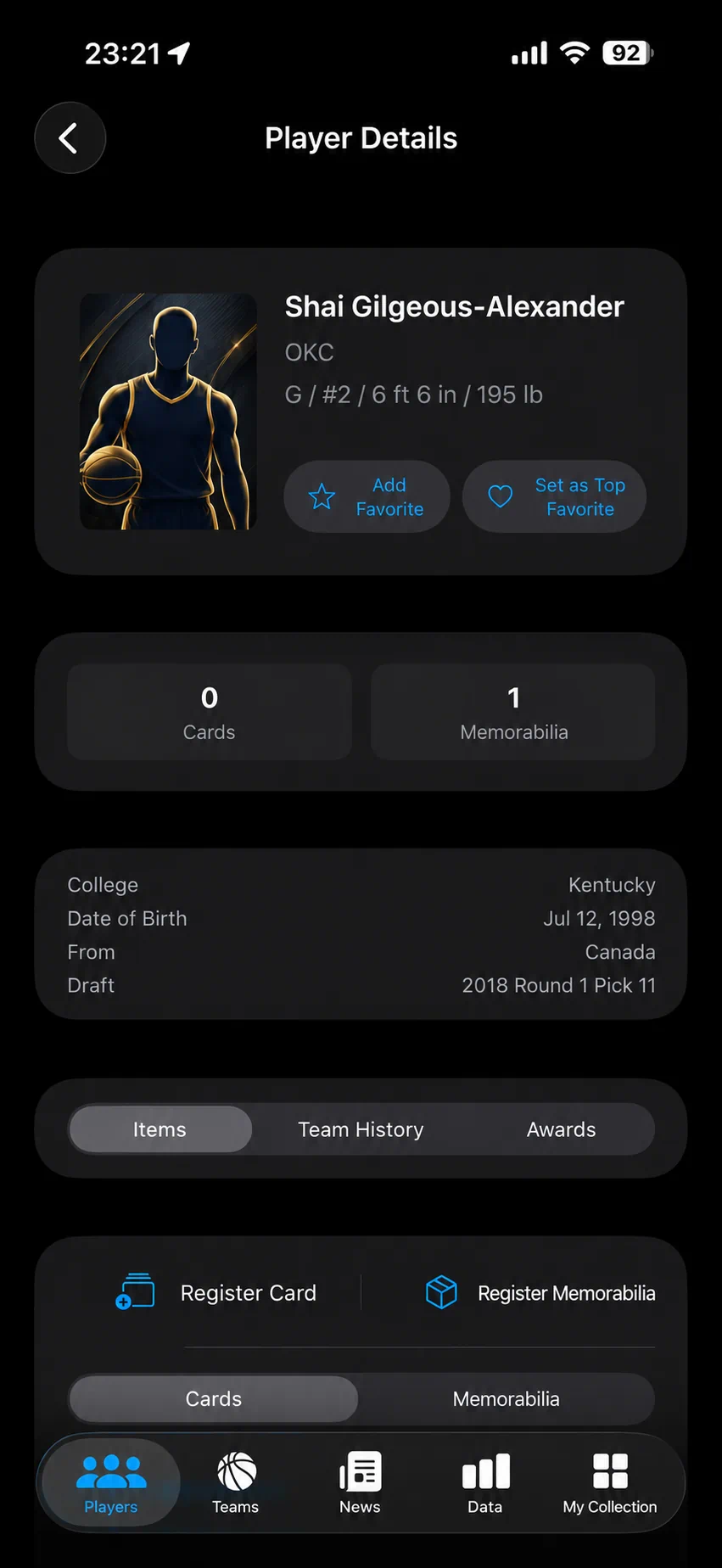 Player profile app screen