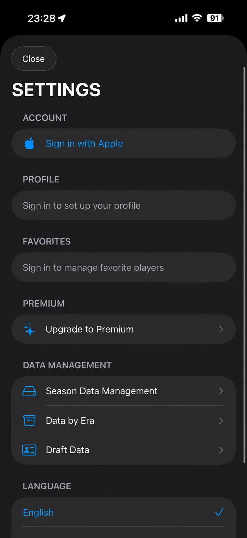 Settings app screen