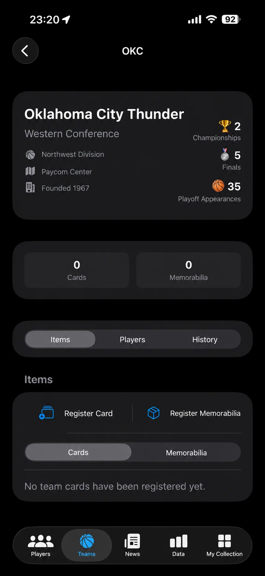 Team profile app screen