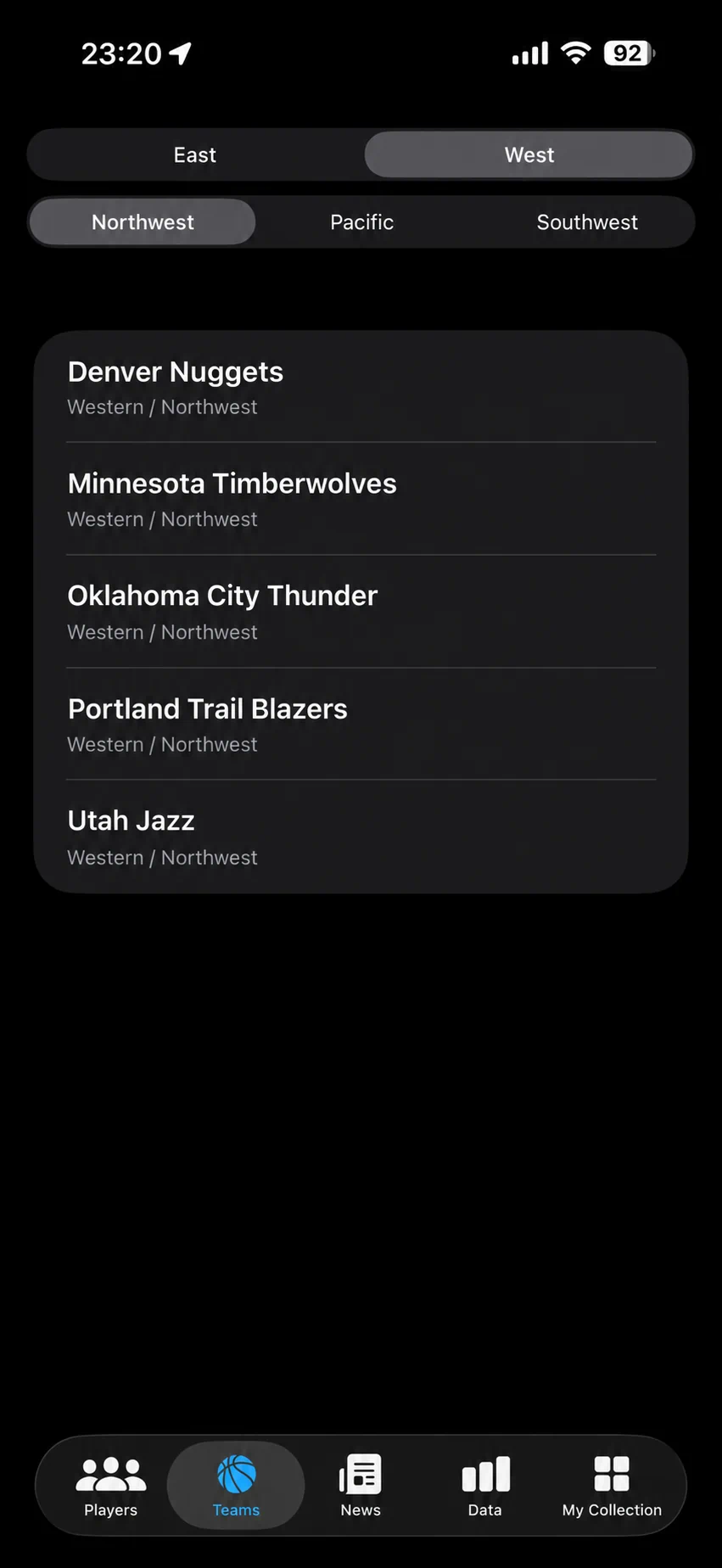 Team list app screen